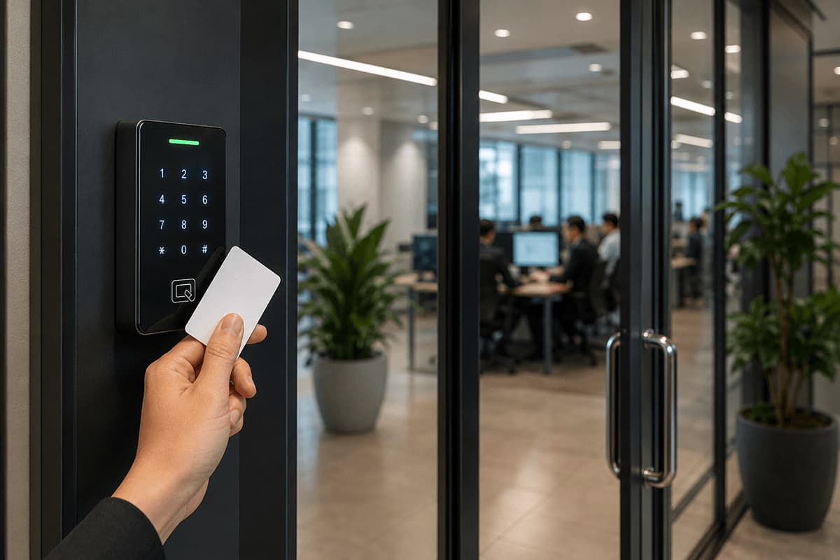 Employee presenting an RFID access card at a glass office entrance