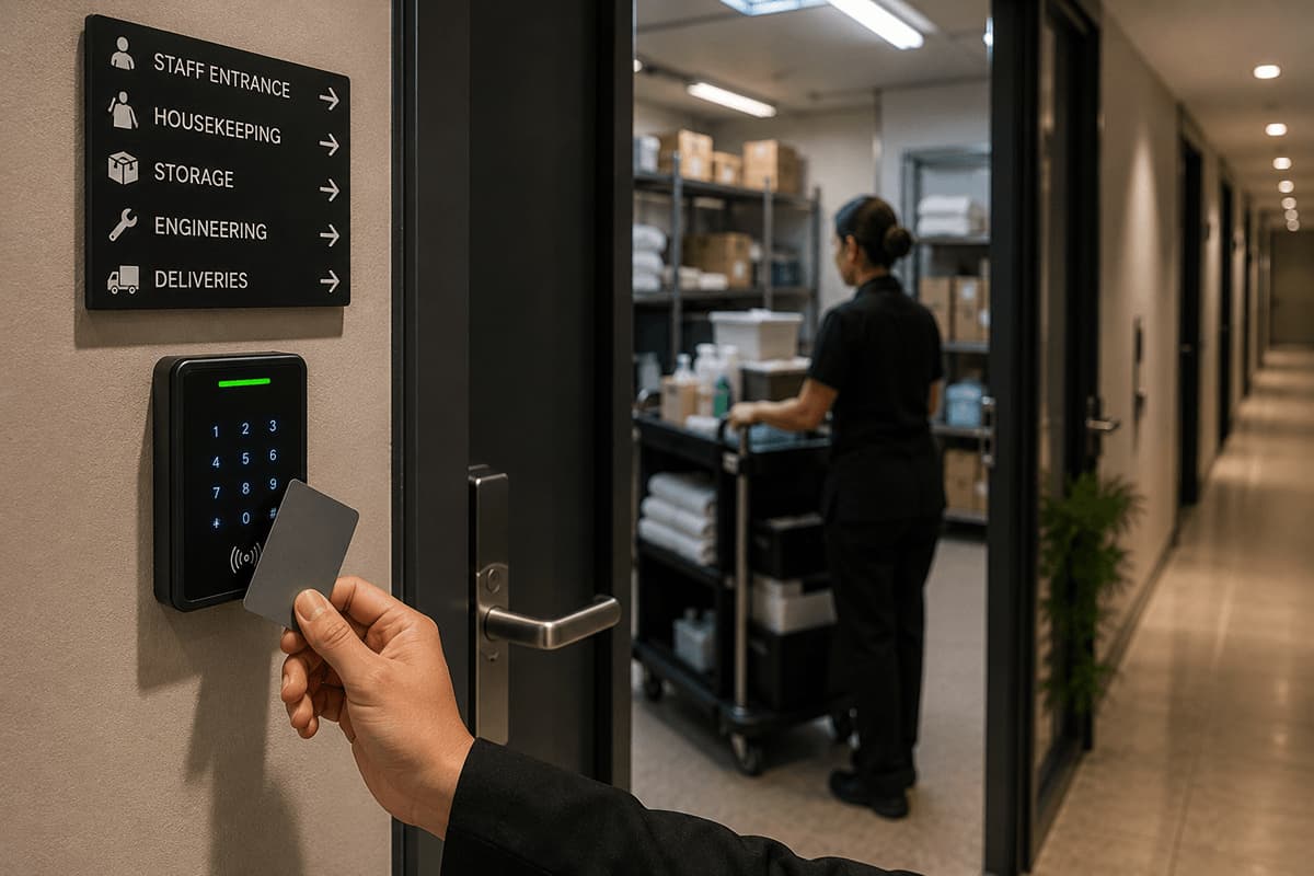 Staff member using an access card at a secured hotel back-of-house entrance
