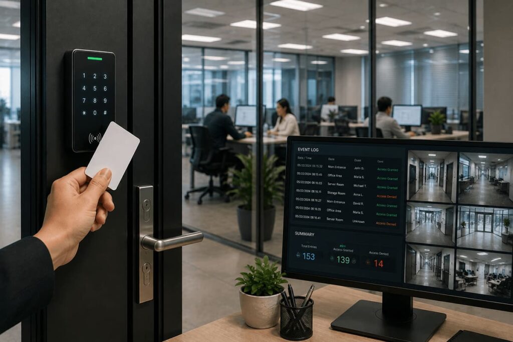 Employee presenting an access card at a secured glass office door beside a digital event monitoring screen