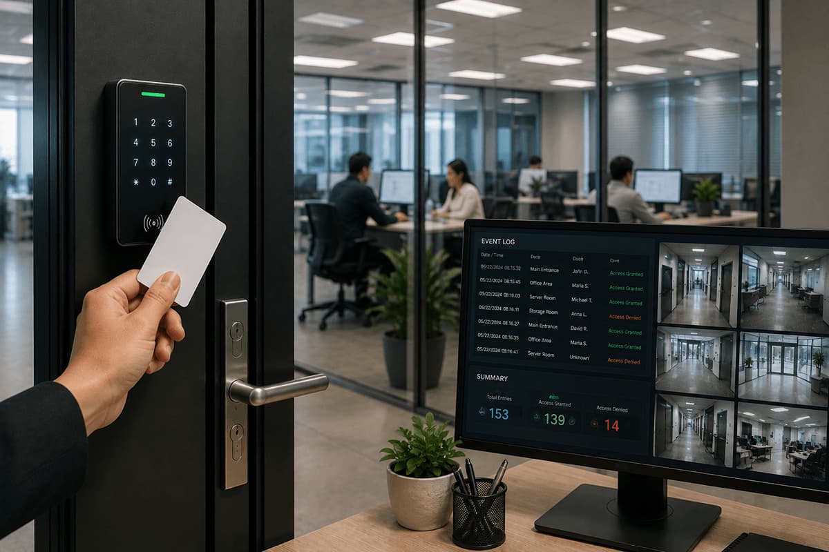Employee presenting an access card at a secured glass office door beside a digital event monitoring screen