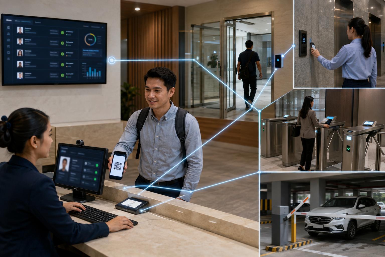 Visitor presenting a QR code as synchronized access connects reception, doors, turnstiles, elevators, and parking