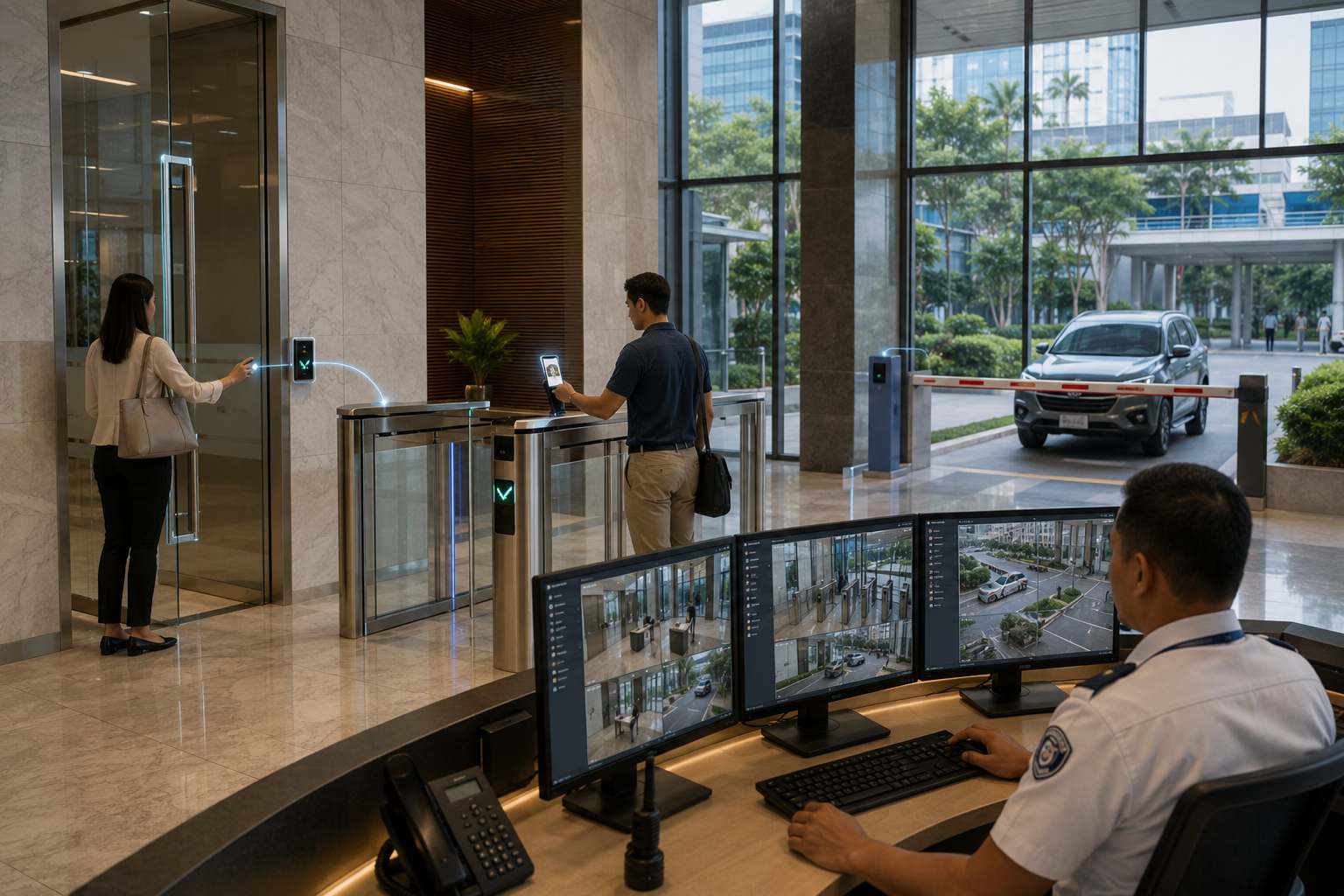 Security officer monitoring visitor access across a glass door, turnstile, and parking barrier