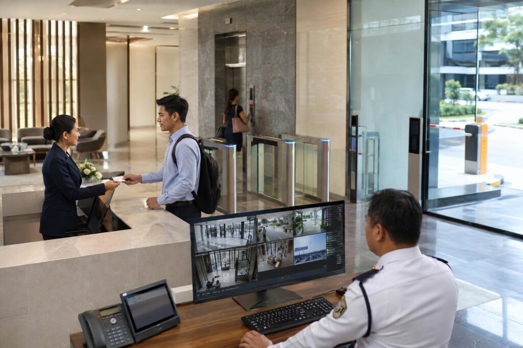 Receptionist issuing a visitor pass while a security officer monitors integrated building access points