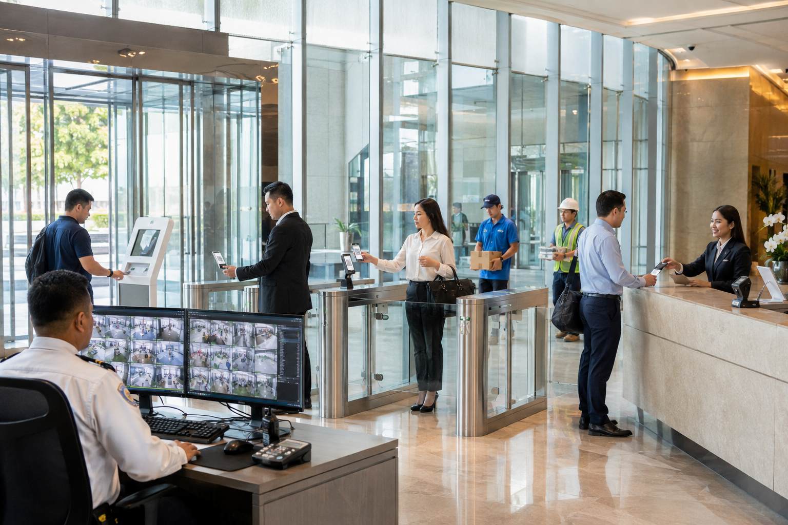 Busy commercial lobby with digital check-in, automated turnstiles, reception staff, and security monitoring