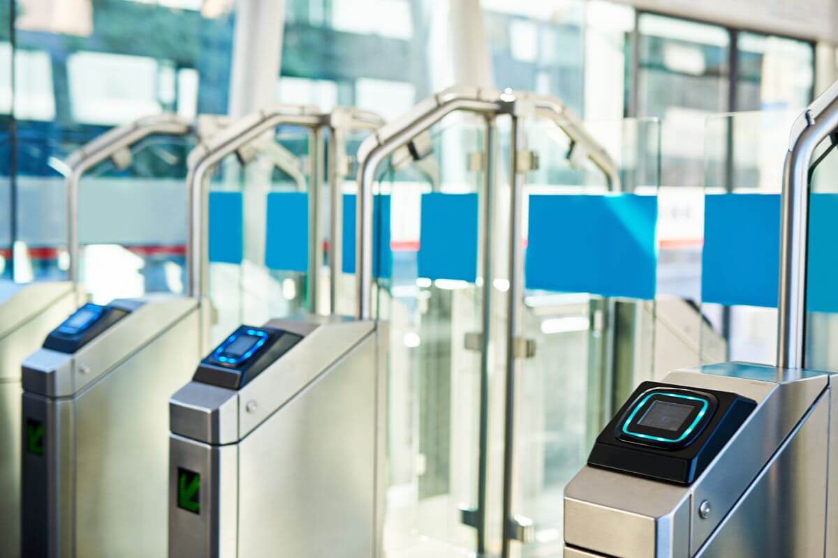 Automated access control turnstiles installed at the entrance of a modern Philippine commercial building